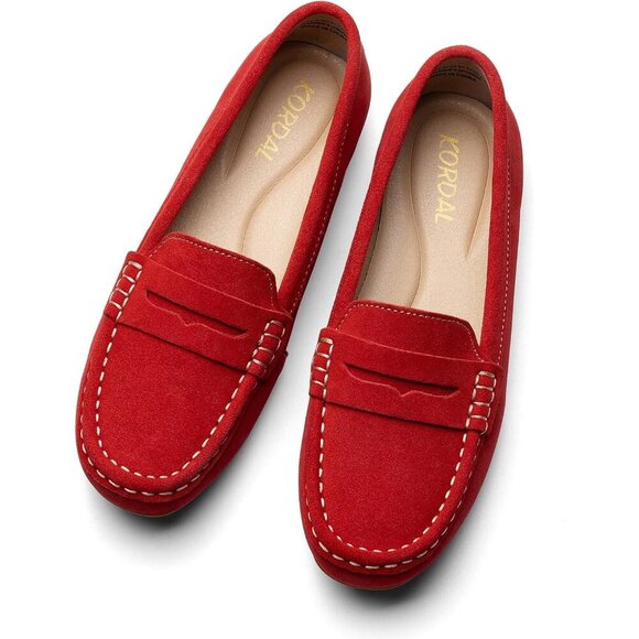 Kordal Women's Red Suede Gold Accent Buckle Slip-Ons Walking Flats Loafers - Picture 9 of 9